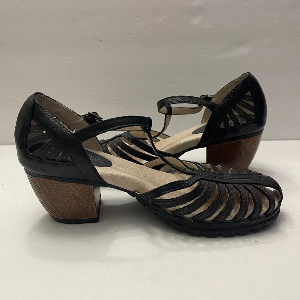 Jambu Sofia Black Leather T-Strap Caged Block Heel Sandals Womens 8M